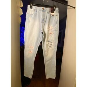 No Boundaries JR Size 5 Mom Jeans Distressed Denim is Pink Fabric Patched NWT